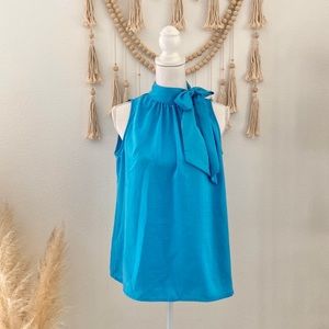 Worthington blue satin high neck tank top blue blouse tie front spring small